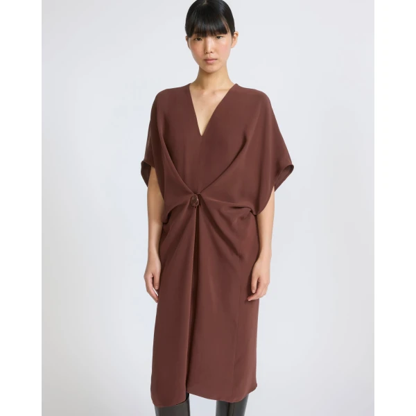 Yves Salomon Draped Silk Crepe Dress in Dark Brown | Dresses | Luxury Shoes 