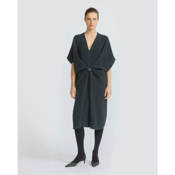 Yves Salomon Draped Silk Crepe Dress in Dark Teal | Dresses | Luxury Shoes 