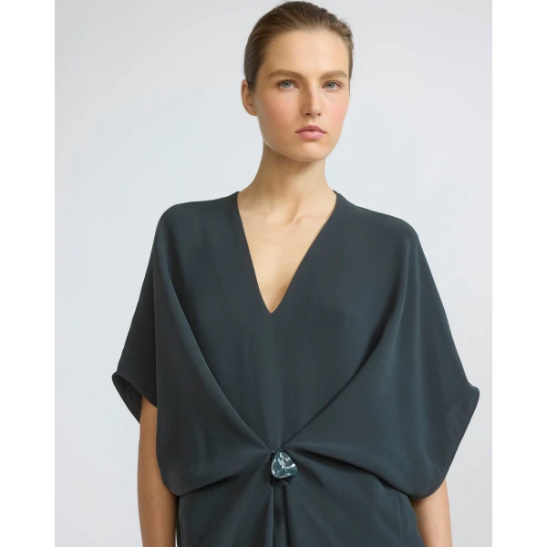 Yves Salomon Draped Silk Crepe Dress in Dark Teal | Dresses | Luxury Shoes 