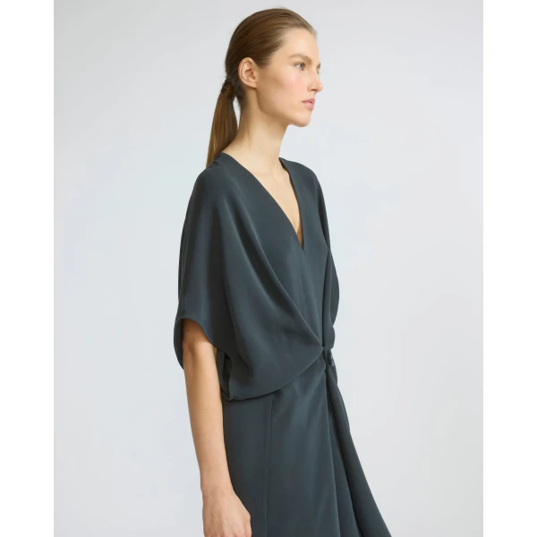 Yves Salomon Draped Silk Crepe Dress in Dark Teal | Dresses | Luxury Shoes 