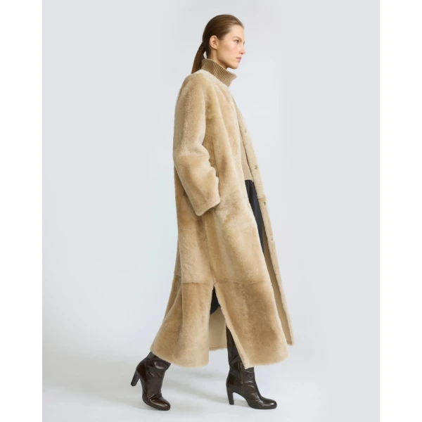 Yves Salomon Extra Long Lambskin Shearling Coat in Beige | Shearling Coat | Luxury Shoes 