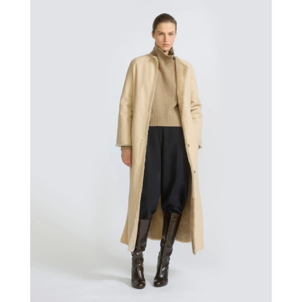 Yves Salomon Extra Long Lambskin Shearling Coat in Beige | Shearling Coat | Luxury Shoes 