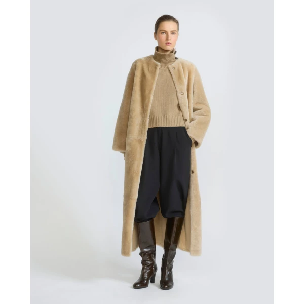 Yves Salomon Extra Long Lambskin Shearling Coat in Beige | Shearling Coat | Luxury Shoes 