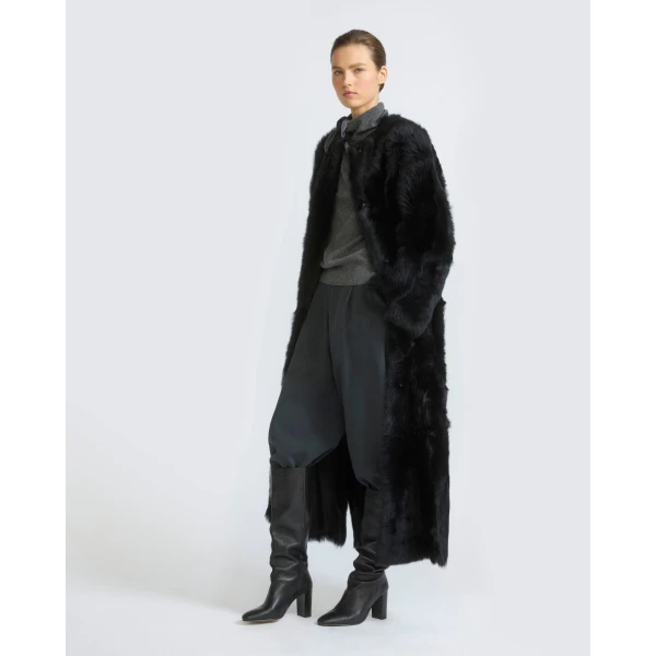 Yves Salomon Extra Long Toscana Lambskin Shearling Coat in Black | Shearling Coat | Luxury Shoes 