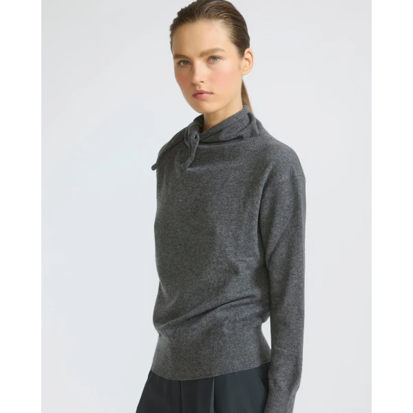 Yves Salomon Fine Cashmere Knit Sweater with Scarf Collar in Grey | Sweaters | Luxury Shoes 