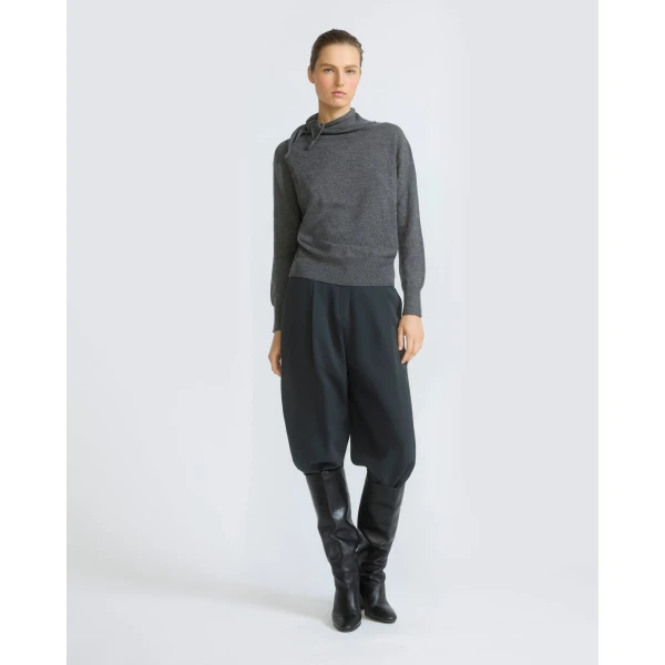 Yves Salomon Fine Cashmere Knit Sweater with Scarf Collar in Grey | Sweaters | Luxury Shoes 