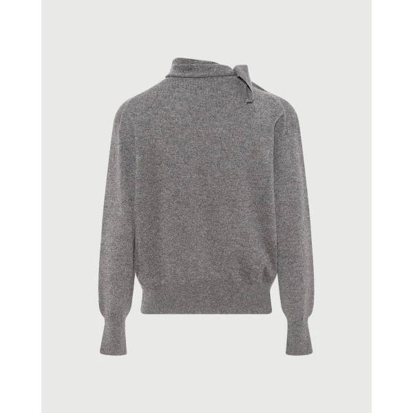 Yves Salomon Fine Cashmere Knit Sweater with Scarf Collar in Grey | Sweaters | Luxury Shoes 