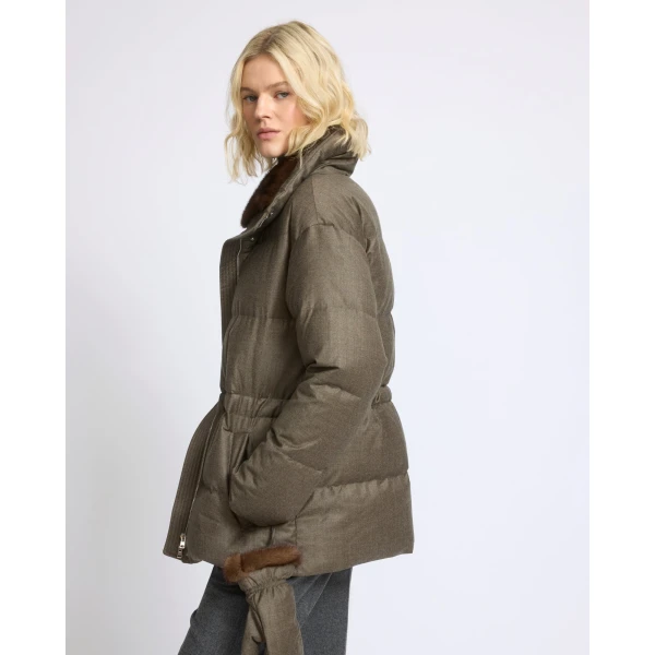 Yves Salomon Fitted Flannel Down Jacket with Mink Fur Collar and Mittens in Brown | Coats | Luxury Shoes 