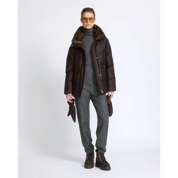 Yves Salomon Fitted Flannel Down Jacket with Mink Fur Collar and Mittens in Brown | Coats | Luxury Shoes 