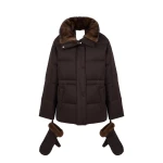 Yves Salomon Fitted Flannel Down Jacket with Mink Fur Collar and Mittens in Brown | Coats | Luxury Shoes 