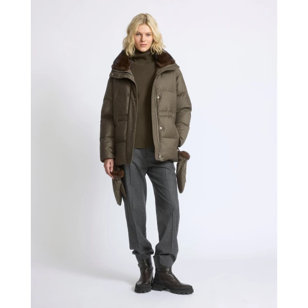 Yves Salomon Fitted Flannel Down Jacket with Mink Fur Collar and Mittens in Brown | Coats | Luxury Shoes 