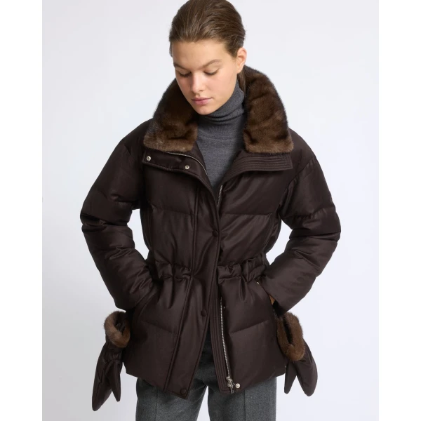 Yves Salomon Fitted Flannel Down Jacket with Mink Fur Collar and Mittens in Brown | Coats | Luxury Shoes 