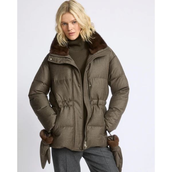 Yves Salomon Fitted Flannel Down Jacket with Mink Fur Collar and Mittens in Brown | Coats | Luxury Shoes 