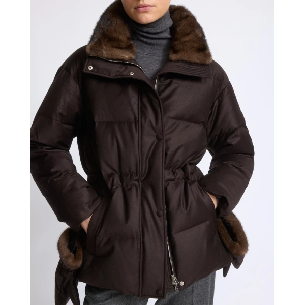 Yves Salomon Fitted Flannel Down Jacket with Mink Fur Collar and Mittens in Brown | Coats | Luxury Shoes 
