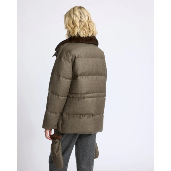Yves Salomon Fitted Flannel Down Jacket with Mink Fur Collar and Mittens in Brown | Coats | Luxury Shoes 