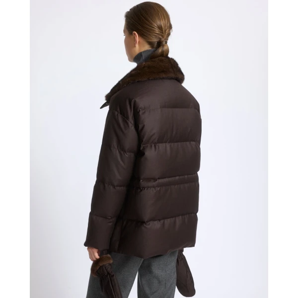 Yves Salomon Fitted Flannel Down Jacket with Mink Fur Collar and Mittens in Brown | Coats | Luxury Shoes 