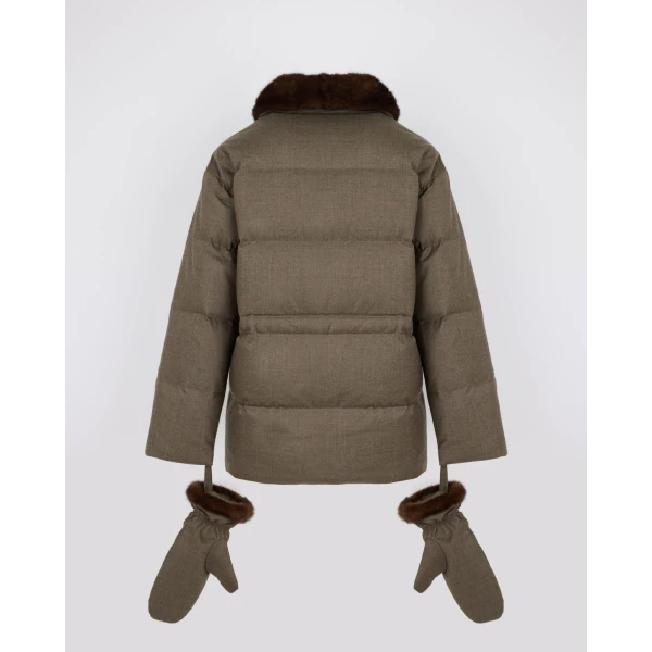 Yves Salomon Fitted Flannel Down Jacket with Mink Fur Collar and Mittens in Brown | Coats | Luxury Shoes 