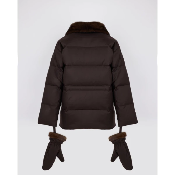 Yves Salomon Fitted Flannel Down Jacket with Mink Fur Collar and Mittens in Brown | Coats | Luxury Shoes 