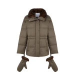 Yves Salomon Fitted Flannel Down Jacket with Mink Fur Collar and Mittens in Brown | Coats | Luxury Shoes 