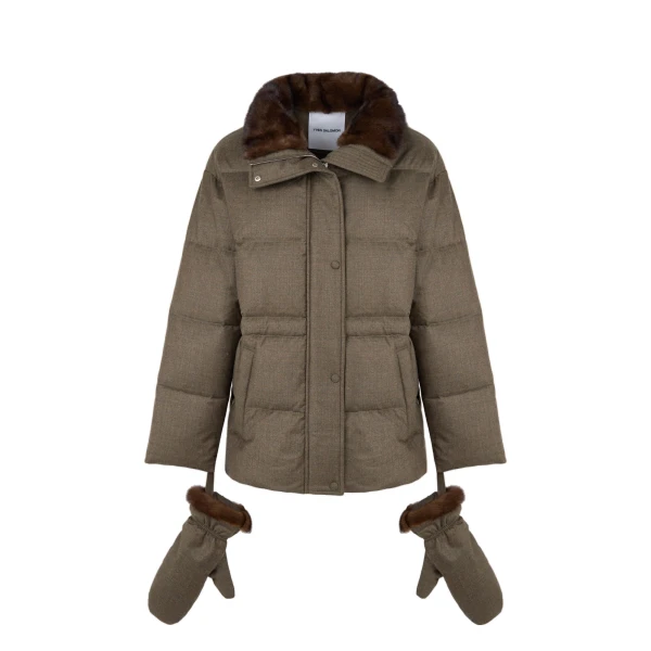 Fitted Flannel Down Jacket with Mink Fur Collar and Mittens in Brown