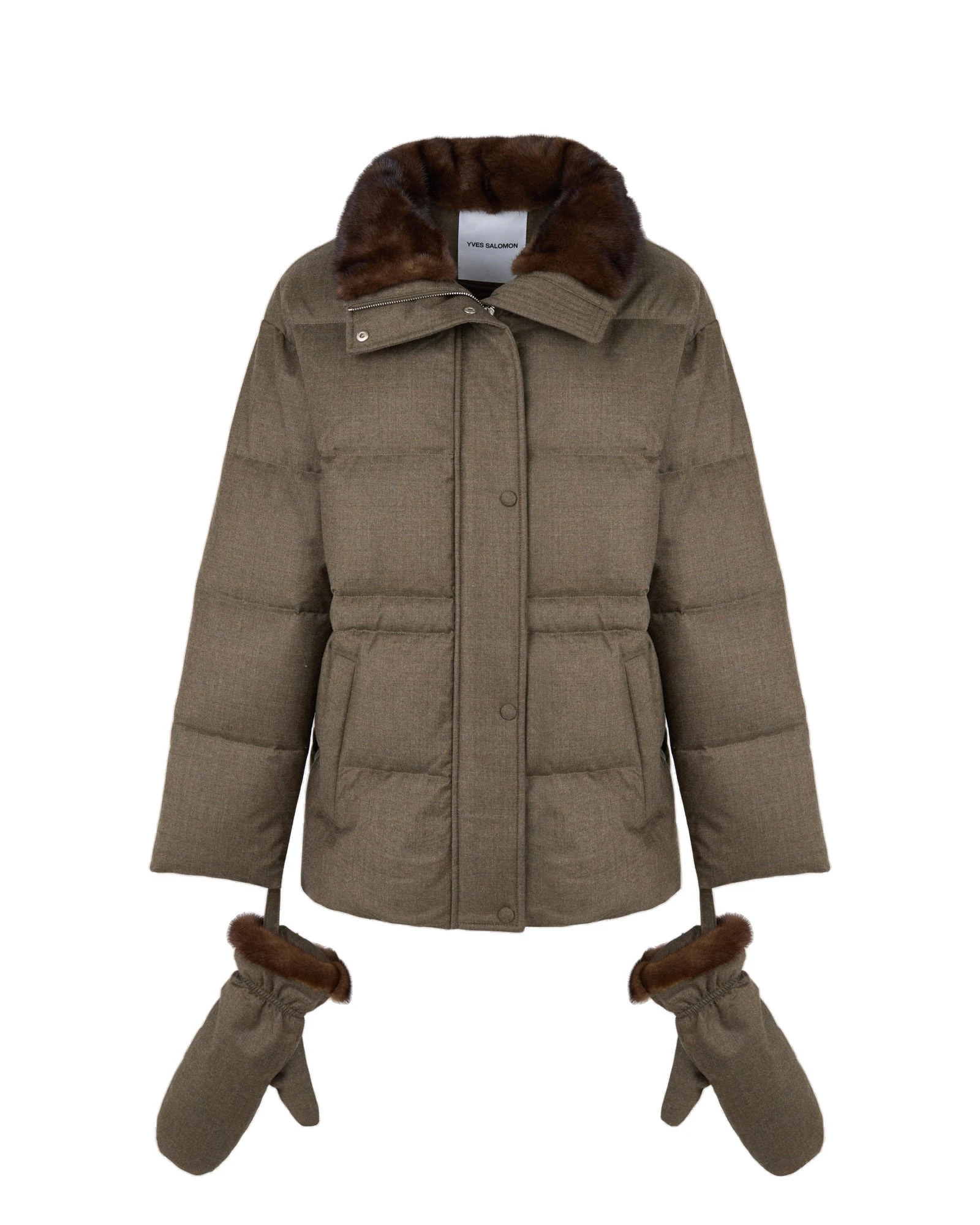 Yves Salomon Fitted Flannel Down Jacket with Mink Fur Collar and Mittens in Brown Yves Salomon Fitted Flannel Down Jacket with Mink Fur Collar and Mittens in Brown | Coats | Luxury Shoes