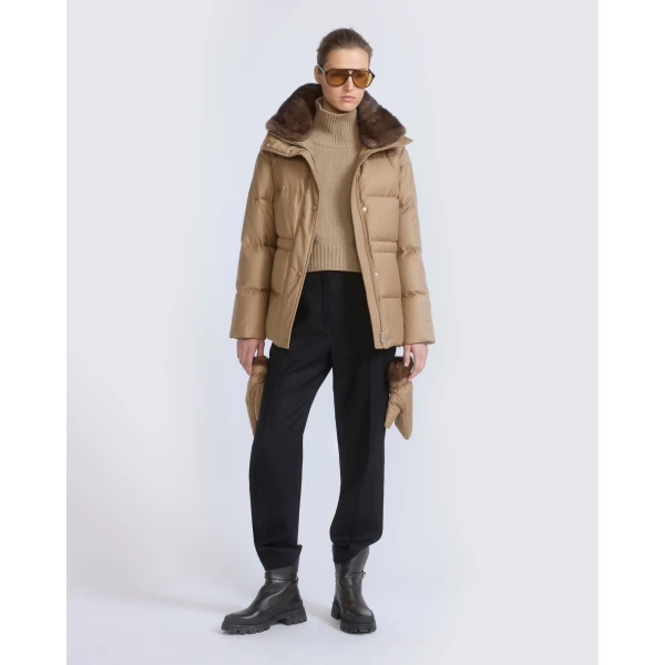 Yves Salomon Fitted Flannel Down Jacket with Mink Fur Collar and Mittens in Camel | Coats | Luxury Shoes 