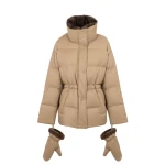 Yves Salomon Fitted Flannel Down Jacket with Mink Fur Collar and Mittens in Camel | Coats | Luxury Shoes 