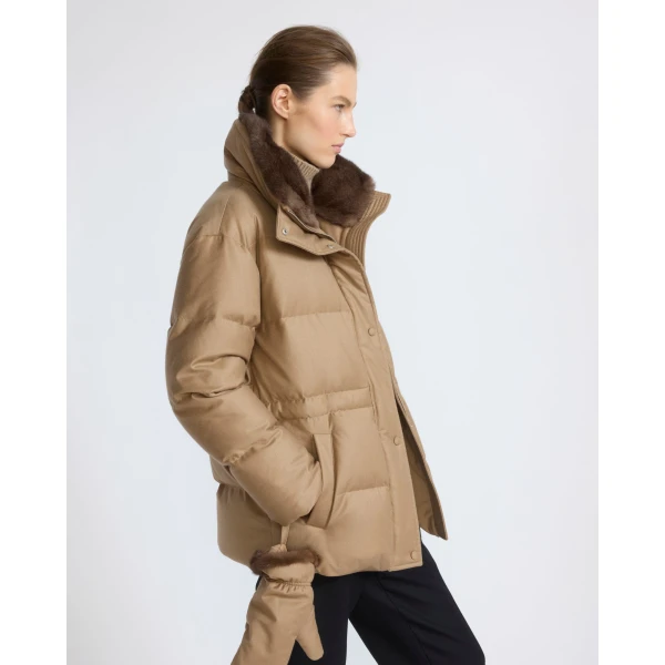 Yves Salomon Fitted Flannel Down Jacket with Mink Fur Collar and Mittens in Camel | Coats | Luxury Shoes 