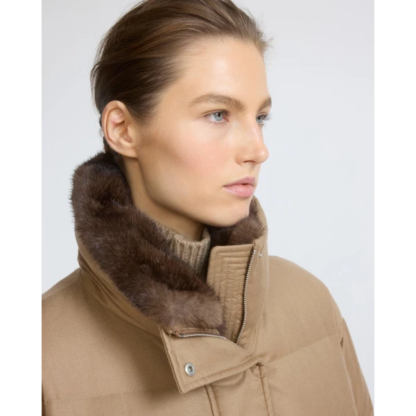Yves Salomon Fitted Flannel Down Jacket with Mink Fur Collar and Mittens in Camel | Coats | Luxury Shoes 