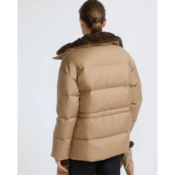 Yves Salomon Fitted Flannel Down Jacket with Mink Fur Collar and Mittens in Camel | Coats | Luxury Shoes 