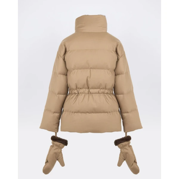 Yves Salomon Fitted Flannel Down Jacket with Mink Fur Collar and Mittens in Camel | Coats | Luxury Shoes 