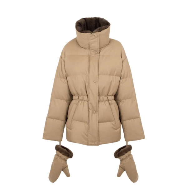 Yves Salomon Fitted Flannel Down Jacket with Mink Fur Collar and Mittens in Camel | Coats | Luxury Shoes 