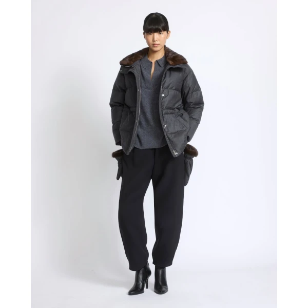 Yves Salomon Fitted Flannel Down Jacket with Mink Fur Collar and Mittens in Grey | Coats | Luxury Shoes 