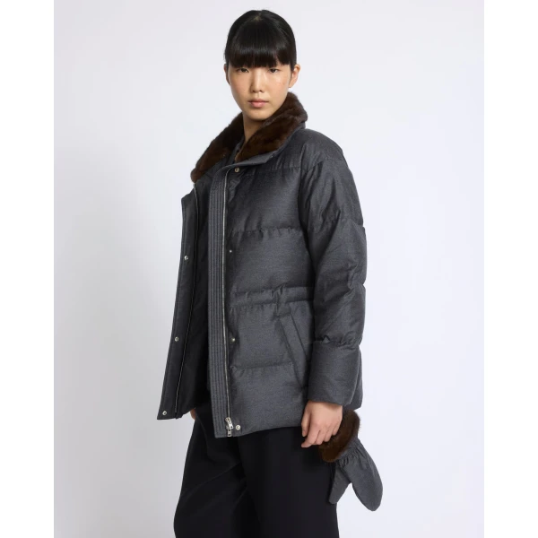 Yves Salomon Fitted Flannel Down Jacket with Mink Fur Collar and Mittens in Grey | Coats | Luxury Shoes 