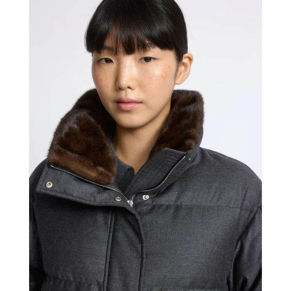 Yves Salomon Fitted Flannel Down Jacket with Mink Fur Collar and Mittens in Grey | Coats | Luxury Shoes 