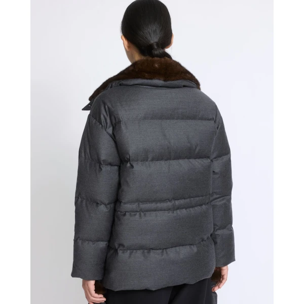 Yves Salomon Fitted Flannel Down Jacket with Mink Fur Collar and Mittens in Grey | Coats | Luxury Shoes 