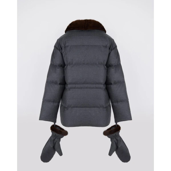 Yves Salomon Fitted Flannel Down Jacket with Mink Fur Collar and Mittens in Grey | Coats | Luxury Shoes 