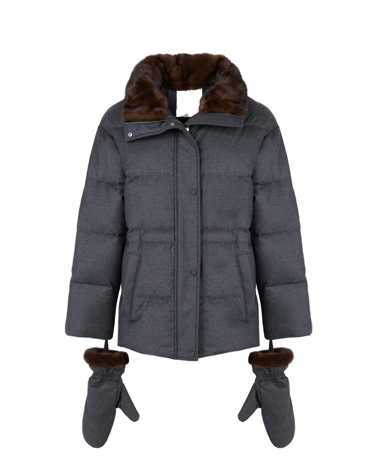 Yves Salomon Fitted Flannel Down Jacket with Mink Fur Collar and Mittens in Grey Yves Salomon Fitted Flannel Down Jacket with Mink Fur Collar and Mittens in Grey | Coats | Luxury Shoes