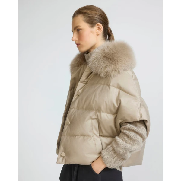 Yves Salomon Flannel Cape with Detachable Fox Fur Collar in Beige | Coats | Luxury Shoes 