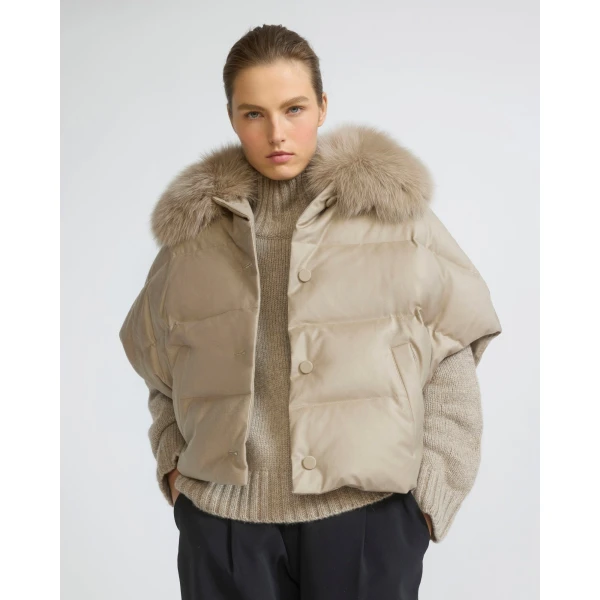 Yves Salomon Flannel Cape with Detachable Fox Fur Collar in Beige | Coats | Luxury Shoes 