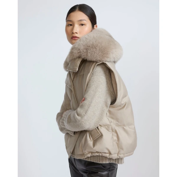 Yves Salomon Flannel Gilet with Fox Fur Collar in Beige | Vests | Luxury Shoes 