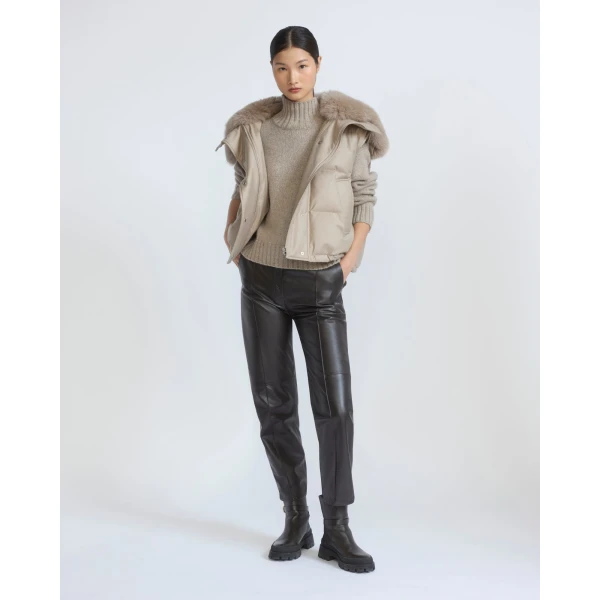 Yves Salomon Flannel Gilet with Fox Fur Collar in Beige | Vests | Luxury Shoes 