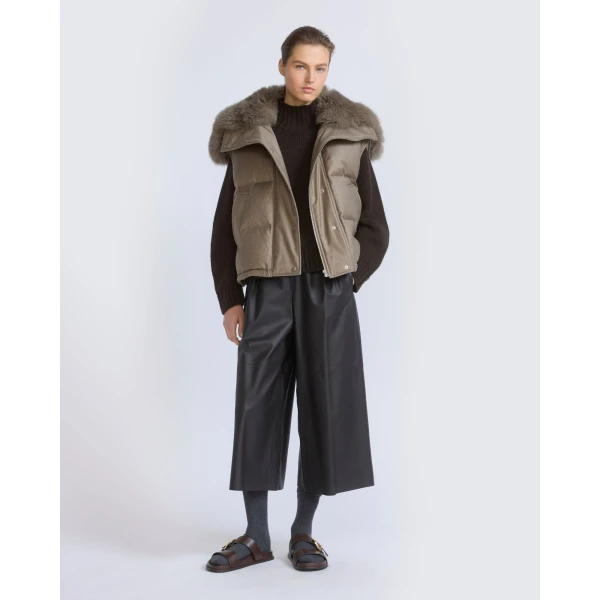 Yves Salomon Flannel Gilet with Fox Fur Collar in Beige | Vests | Luxury Shoes 