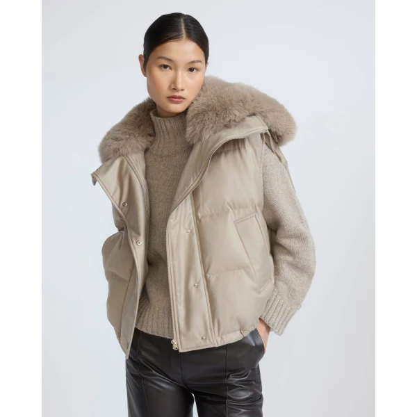 Yves Salomon Flannel Gilet with Fox Fur Collar in Beige | Vests | Luxury Shoes 