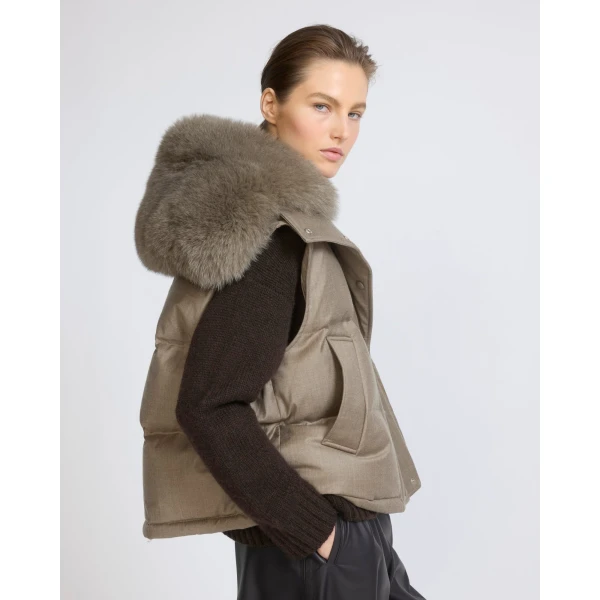 Yves Salomon Flannel Gilet with Fox Fur Collar in Beige | Vests | Luxury Shoes 