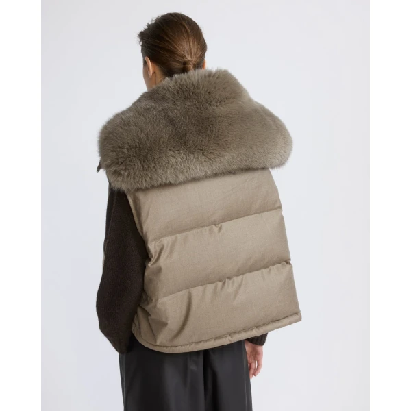Yves Salomon Flannel Gilet with Fox Fur Collar in Beige | Vests | Luxury Shoes 