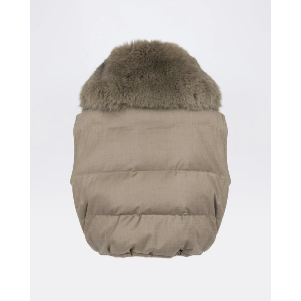 Yves Salomon Flannel Gilet with Fox Fur Collar in Beige | Vests | Luxury Shoes 
