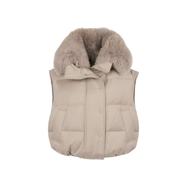 Yves Salomon Flannel Gilet with Fox Fur Collar in Beige | Vests | Luxury Shoes 