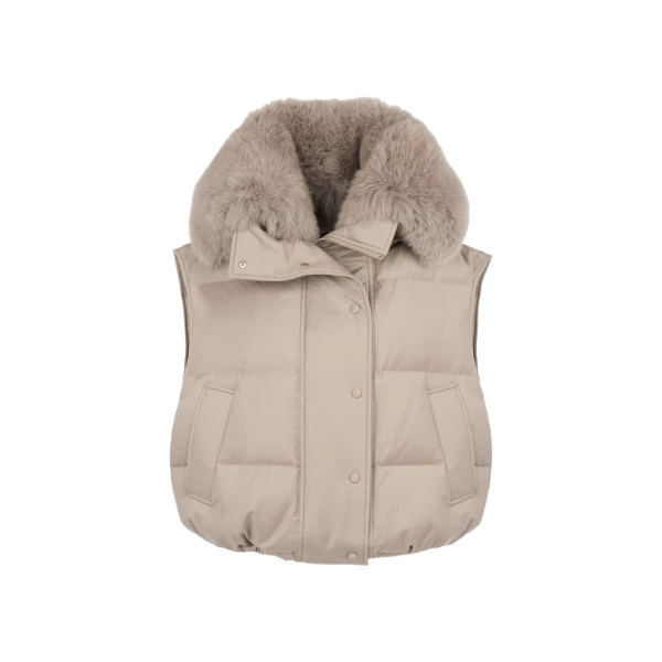 Yves Salomon Flannel Gilet with Fox Fur Collar in Beige | Vests | Luxury Shoes 