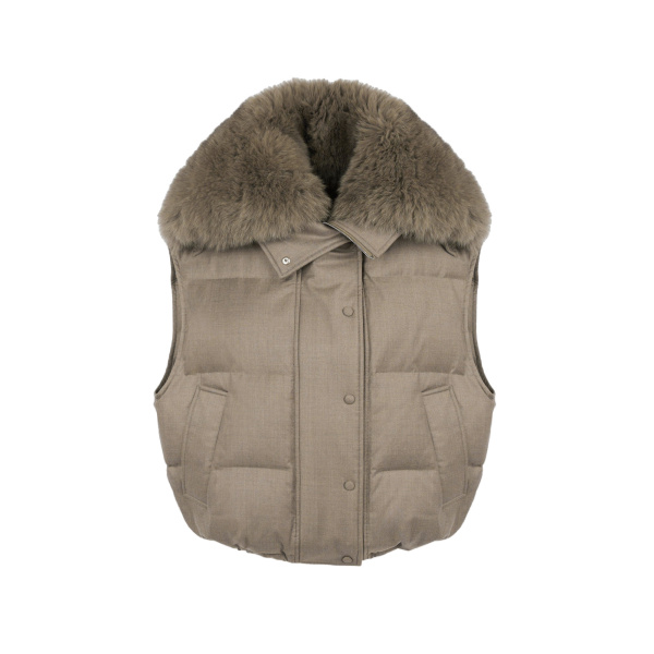 Yves Salomon Flannel Gilet with Fox Fur Collar in Beige | Women | Luxury Shoes 